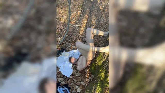 Naked german man jerks off in public forest
