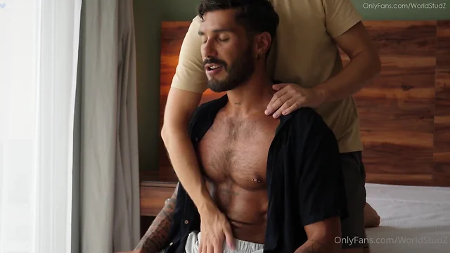 Strong men receive hand massage