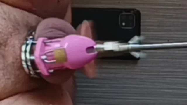 Crossdressing with pink chastity anal dildo machine