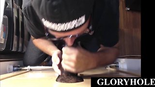 Gloryhole ebony cock sucked and wanked in pov by gray dilf
