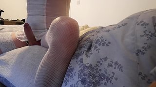 Sissy orgasm after cock pumping with heels on