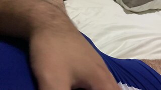 Frotting and cumming in blue singlet and foreskin