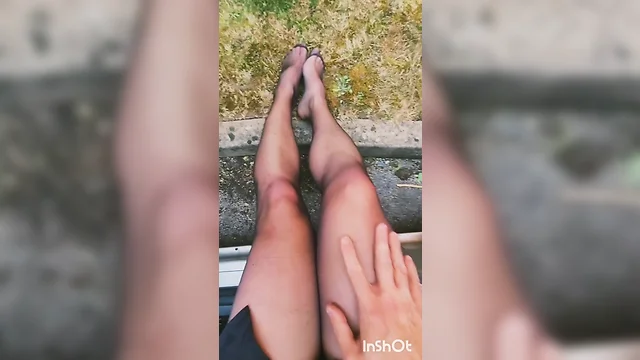 Outdoor cock play in black pantyhose