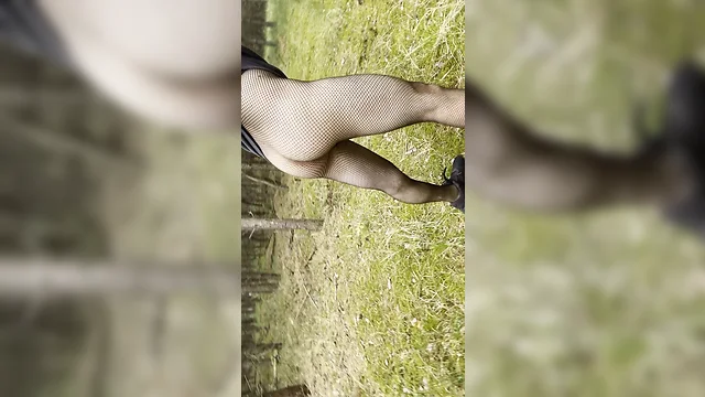 Nude crossdresser walks in nature for gay daddy – big dick pantyhose flash