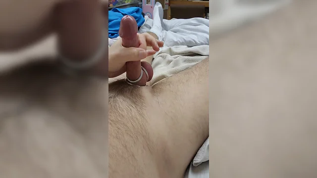 Big cumshot from edging hard cock with mushroom head ring ends