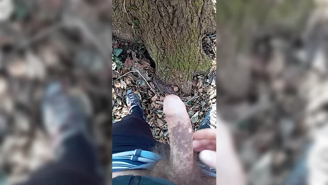 Big uncut penis ejaculating in the woods
