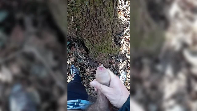 Big uncut penis ejaculating in the woods