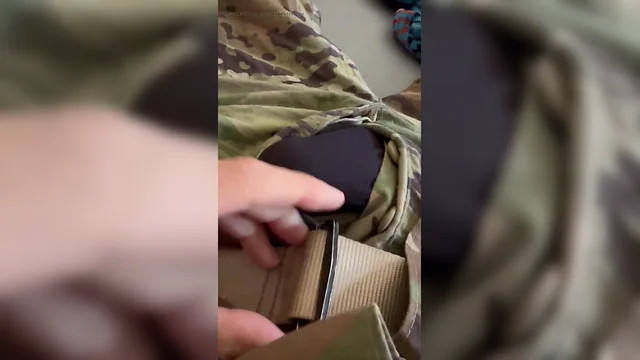 Youngest army soldier jerks off in uniform wearing black socks - shoots creamy load through undies