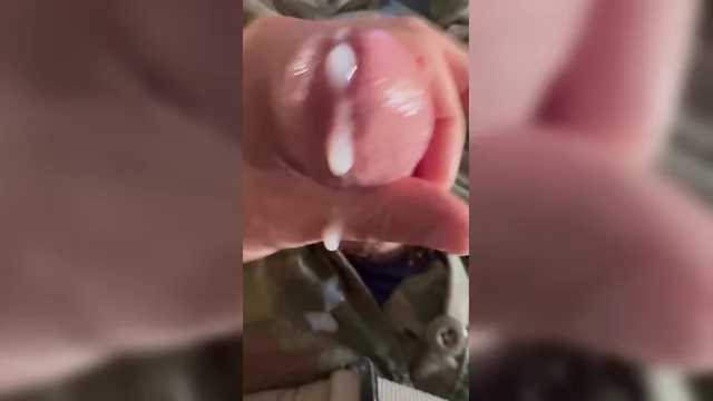 Army solider busts a nut while laying and toying with a latex pussy! bust nuts