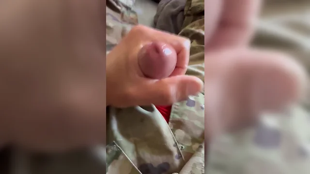 Youngest jerking off loads of cum in barracks while at sarges desk