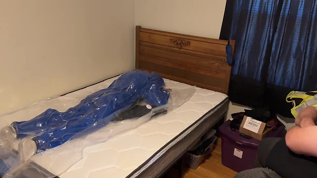 Dec 4 2022 – vacuum sealed in bdsm bondage with my pvc overall in slvrbrboy1s blue pvc coveralls.