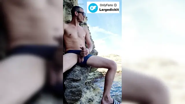 Big black cock amateur man masturbating and cumming by the sea