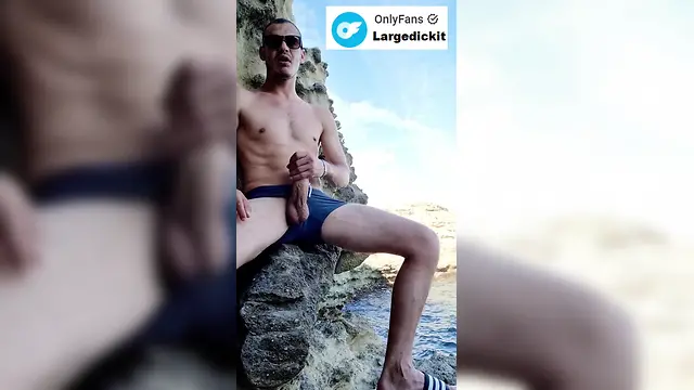 Big black cock amateur man masturbating and cumming by the sea