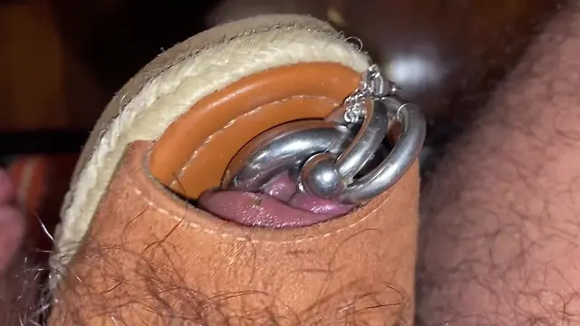 Huge cock man in 8mm piercings with big balls chained to a lock - hairy man edition