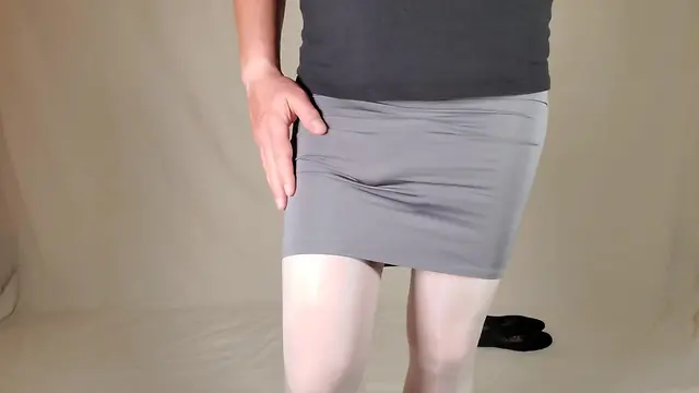 Amateur crossdresser sissy twink femboy mini skirt fun: gay masturbation in new pantyhose and spandex skirt