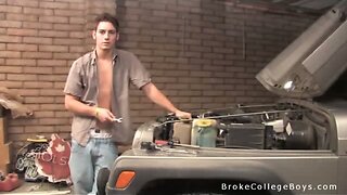 Fixing his car and stripping