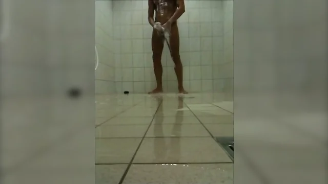 Teen Boy wanking in a Public Shower